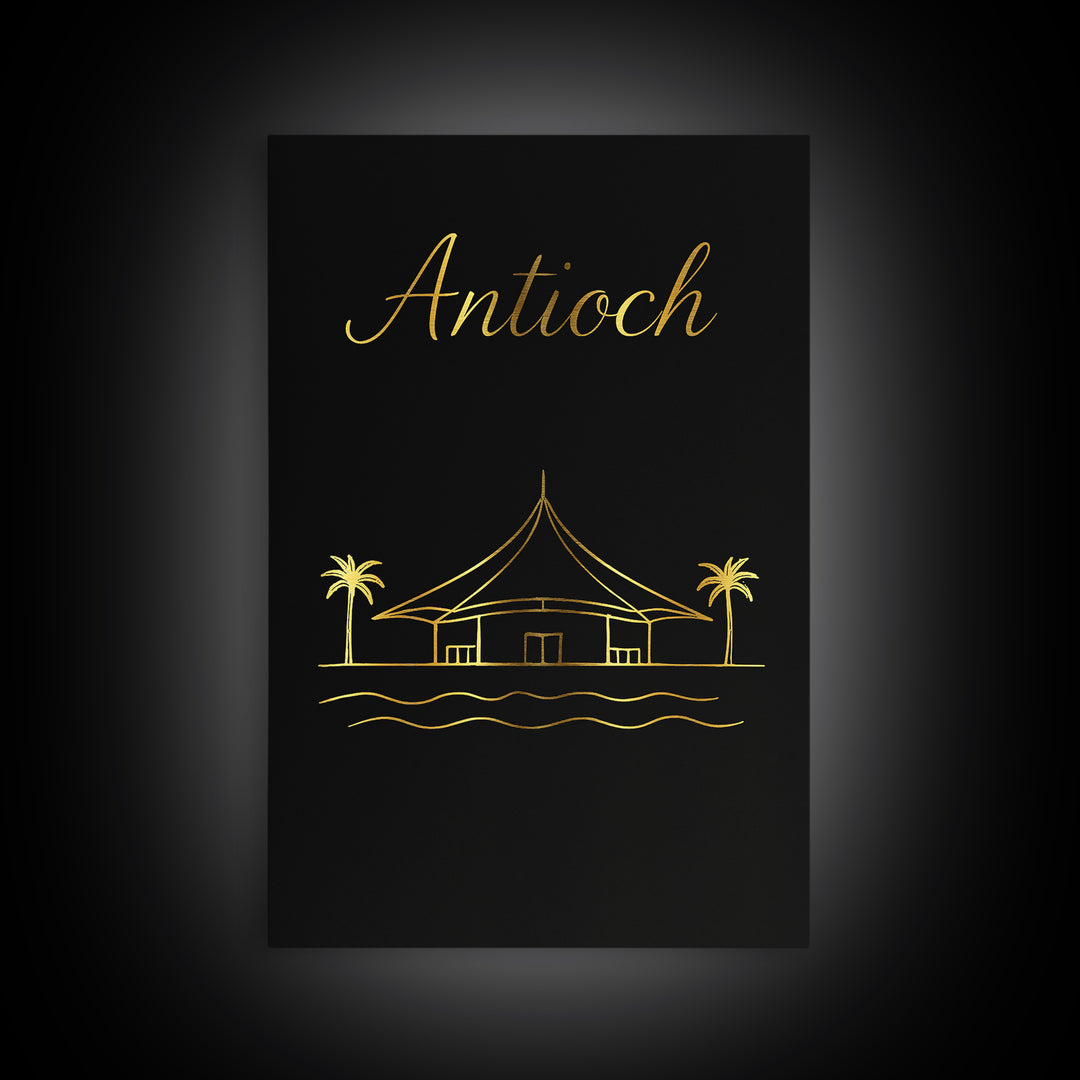 Antioch Travel Poster, Canvas Print, Gold Outline Poster Art, Antioch Travel Art, Watercolor Urban Skyline, Mid Century Wall Art, Home Decor