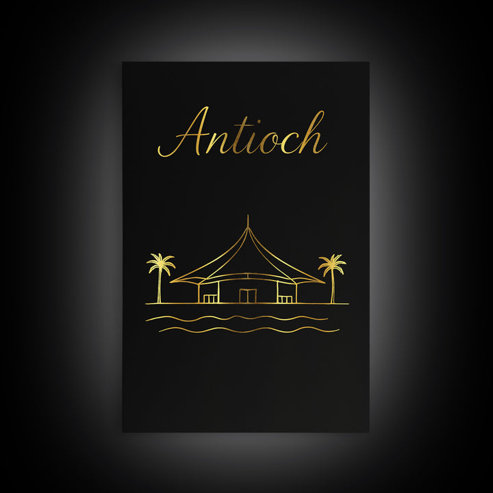 Antioch Travel Poster, Canvas Print, Gold Outline Poster Art, Antioch Travel Art, Watercolor Urban Skyline, Mid Century Wall Art, Home Decor