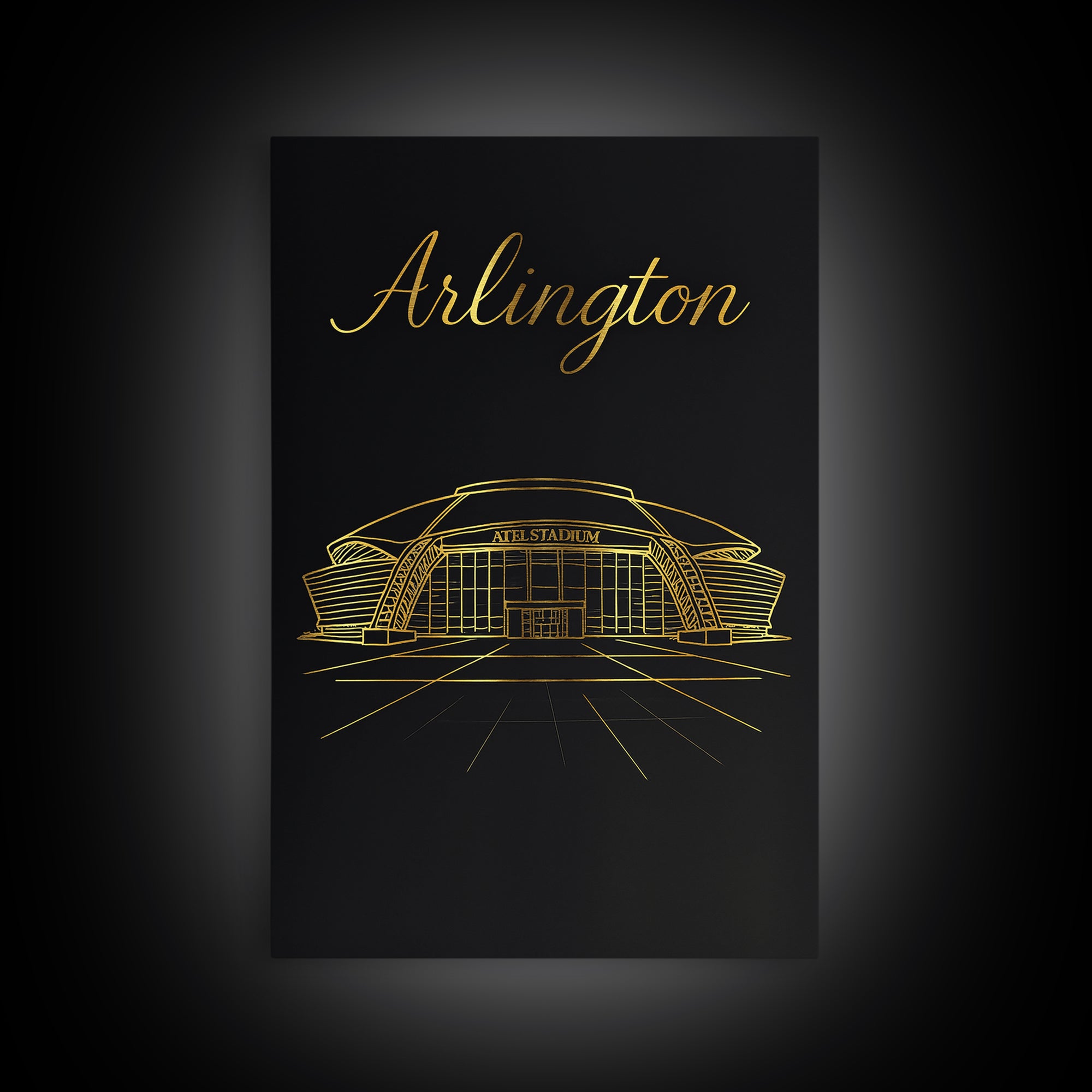 Arlington Texas Travel Poster, Framed Canvas Print, Minimalist Gold Line Art, Arlington Poster Print, Gift For Travelers, Retro Travel Print