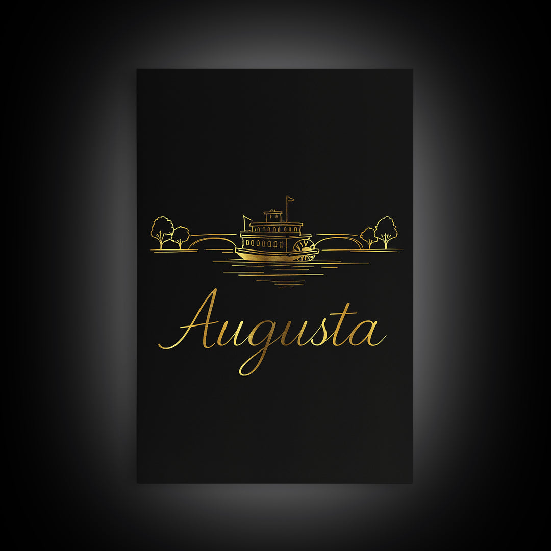 Augusta Travel Poster, Canvas Print, Gold Outline Poster Art, Augusta Travel Art, Retro Travel Print, City Art, Watercolor Skyline Art