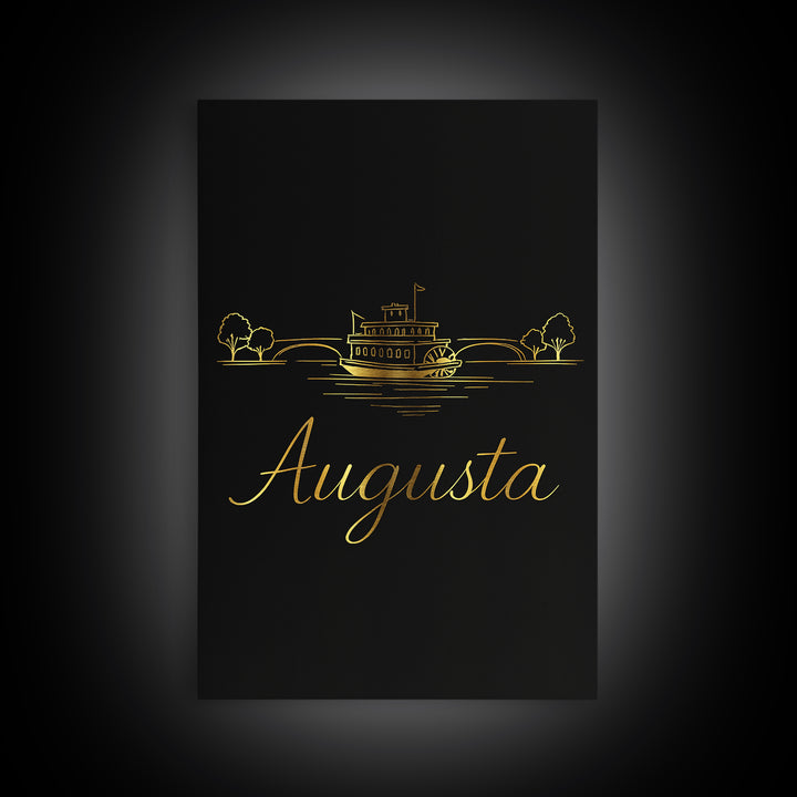 Augusta Travel Poster, Canvas Print, Gold Outline Poster Art, Augusta Travel Art, Retro Travel Print, City Art, Watercolor Skyline Art