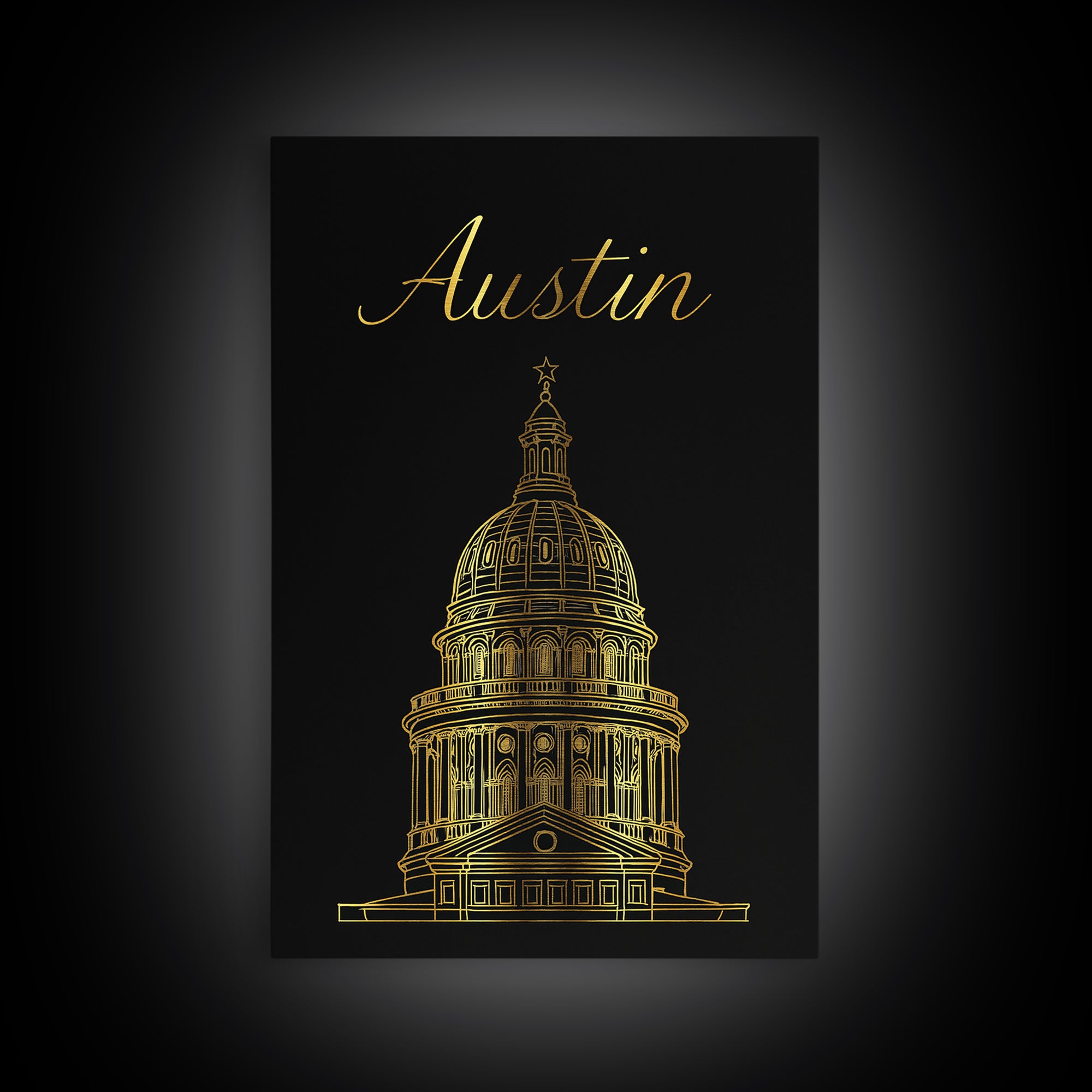 Austin Travel Poster, Framed Canvas Print, Dark Minimalist Wall Art, Austin Art Print, Vintage Travel Print, Travel Art Print, Design 2