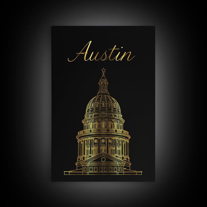 Austin Travel Poster, Framed Canvas Print, Dark Minimalist Wall Art, Austin Art Print, Vintage Travel Print, Travel Art Print, Design 2