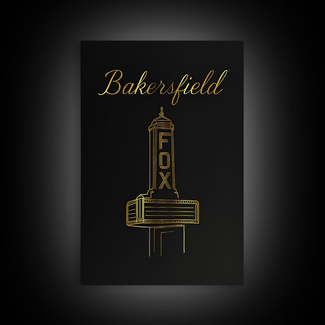 Bakersfield California Travel Poster, Canvas Print, Minimalist Gold Line Art, Bakersfield Travel Art, Watercolor Downtown Skyline