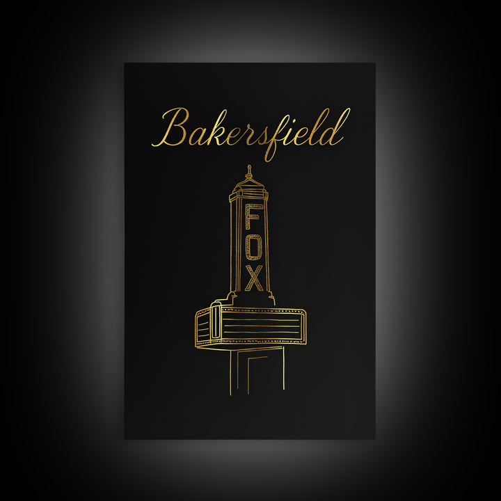 Bakersfield California Travel Poster, Canvas Print, Minimalist Gold Line Art, Bakersfield Travel Art, Watercolor Downtown Skyline
