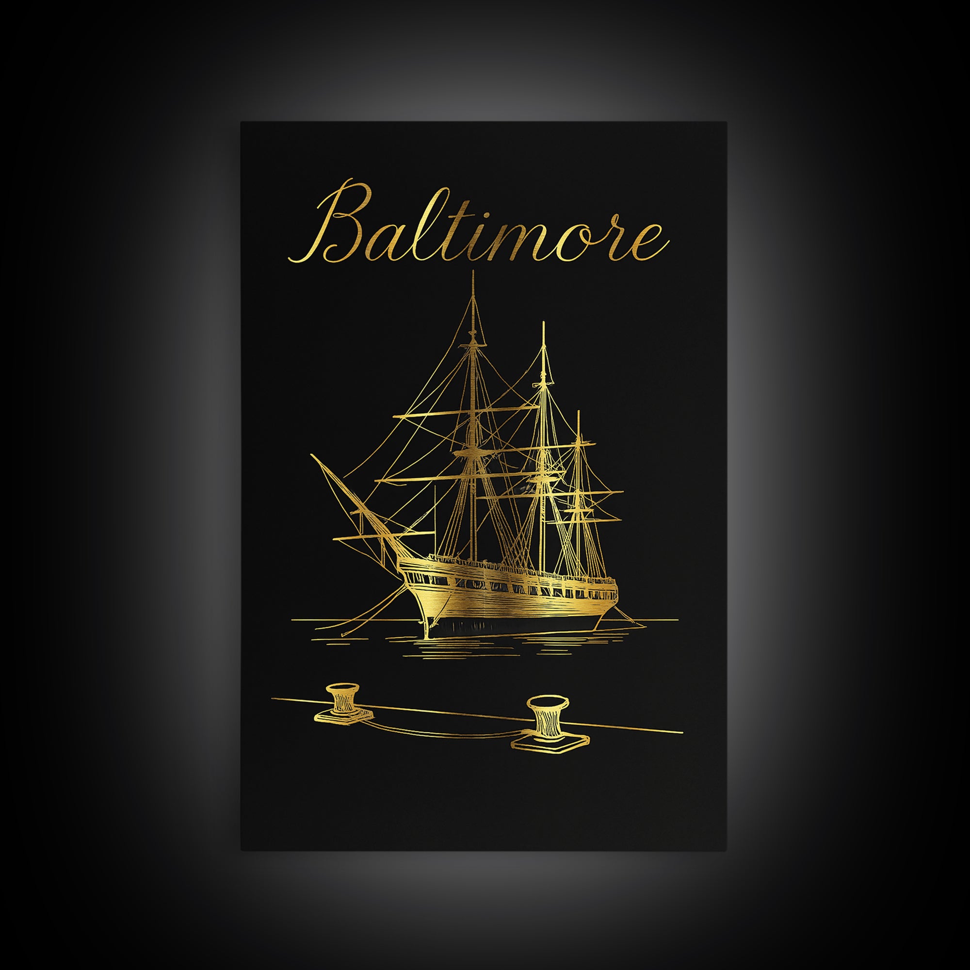 Baltimore Travel Poster, Canvas Print, Black Gold Minimalist Art, Baltimore Travel Art, Living Room Wall Art, Retro Travel Print
