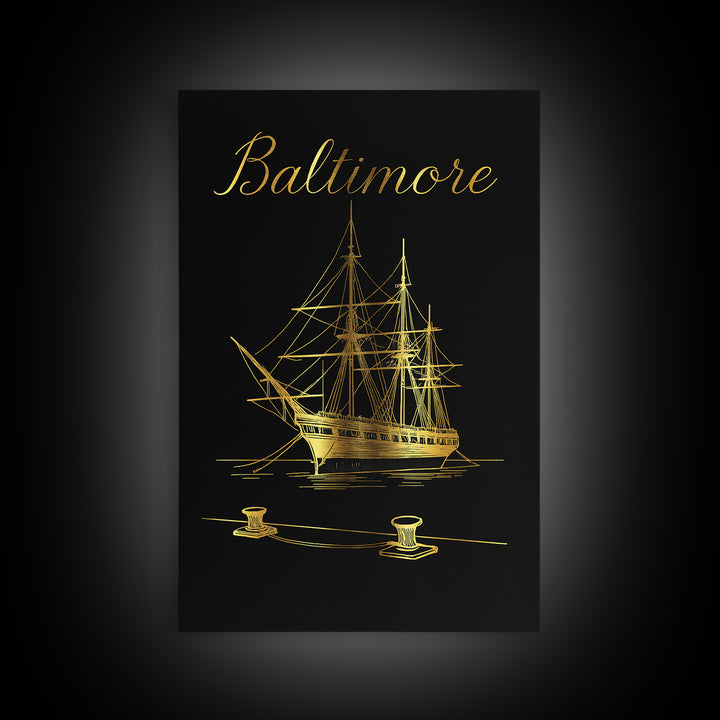 Baltimore Travel Poster, Canvas Print, Black Gold Minimalist Art, Baltimore Travel Art, Living Room Wall Art, Retro Travel Print