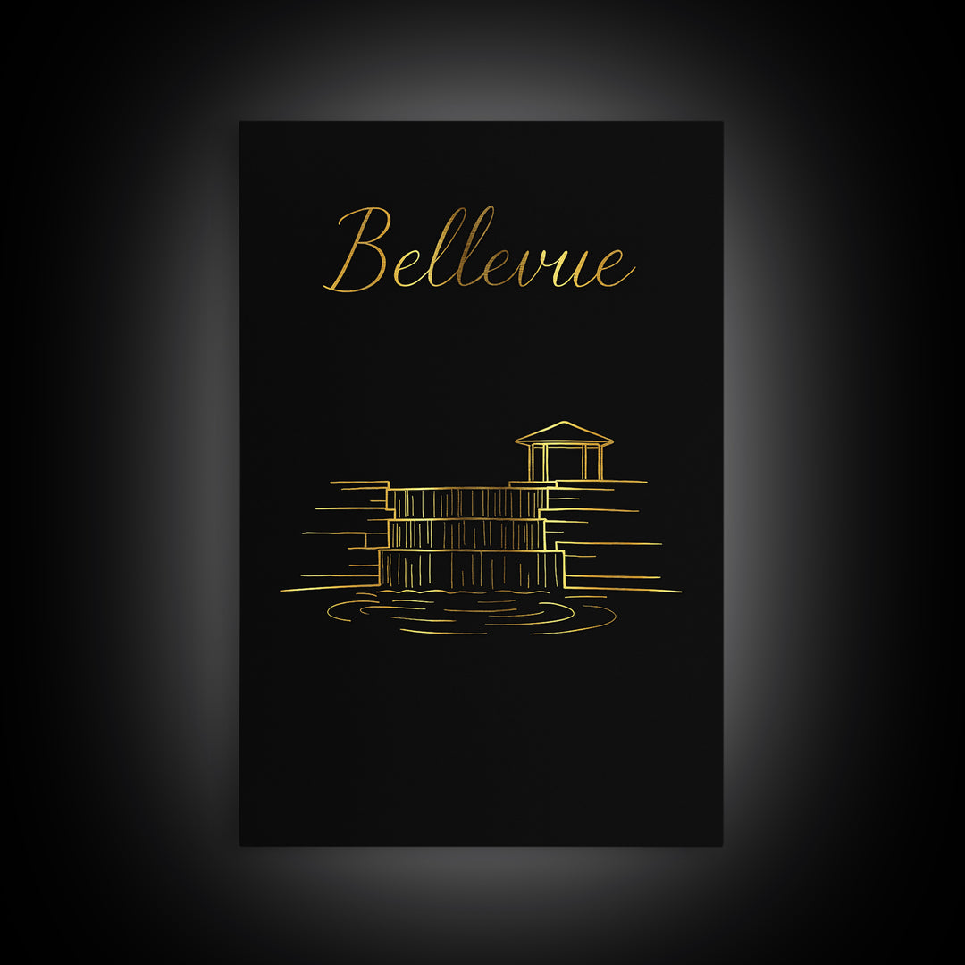 Bellevue Washington Travel Poster, Canvas Print, Gold Outline Poster Art, Bellevue City Art, Office Decor, Fine Art Print, Travel Posters