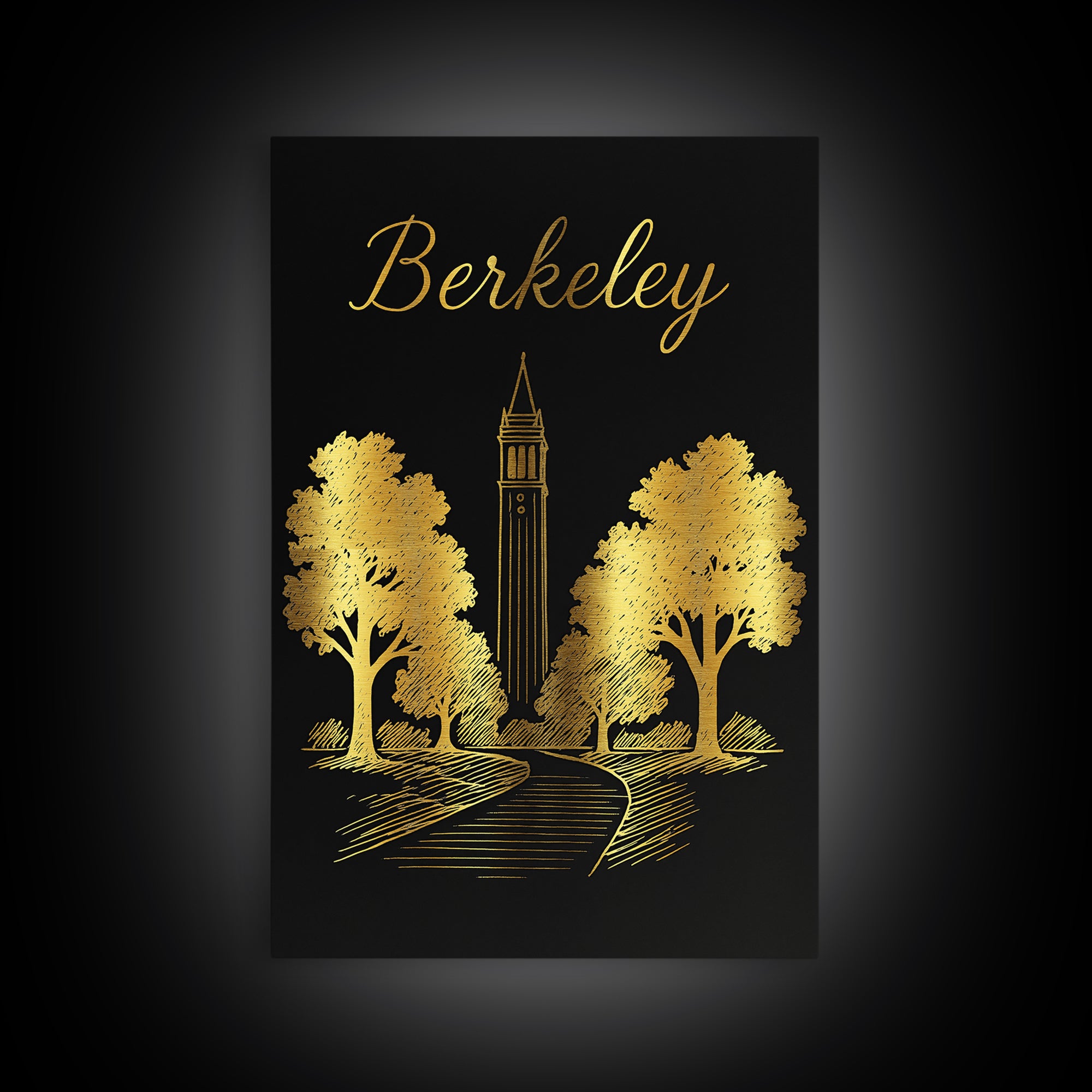 Berkeley Travel Poster, Framed Canvas Print, Minimalist Gold Line Art, Berkeley Wall Art, Watercolor Skyline, Living Room Wall Art