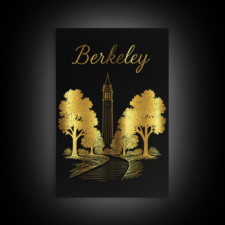 Berkeley Travel Poster, Framed Canvas Print, Minimalist Gold Line Art, Berkeley Wall Art, Watercolor Skyline, Living Room Wall Art