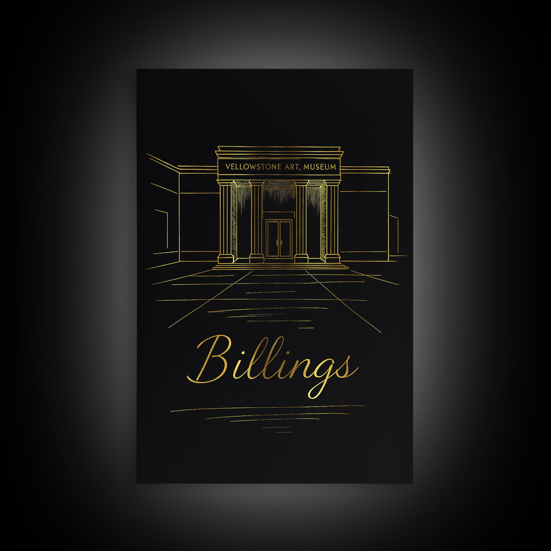 Billings Travel Poster, Framed Canvas Print, Black Gold Minimalist Art, Billings Wall Art, Retro Travel Print, Vintage City Art