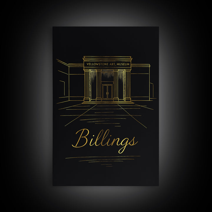 Billings Travel Poster, Framed Canvas Print, Black Gold Minimalist Art, Billings Wall Art, Retro Travel Print, Vintage City Art