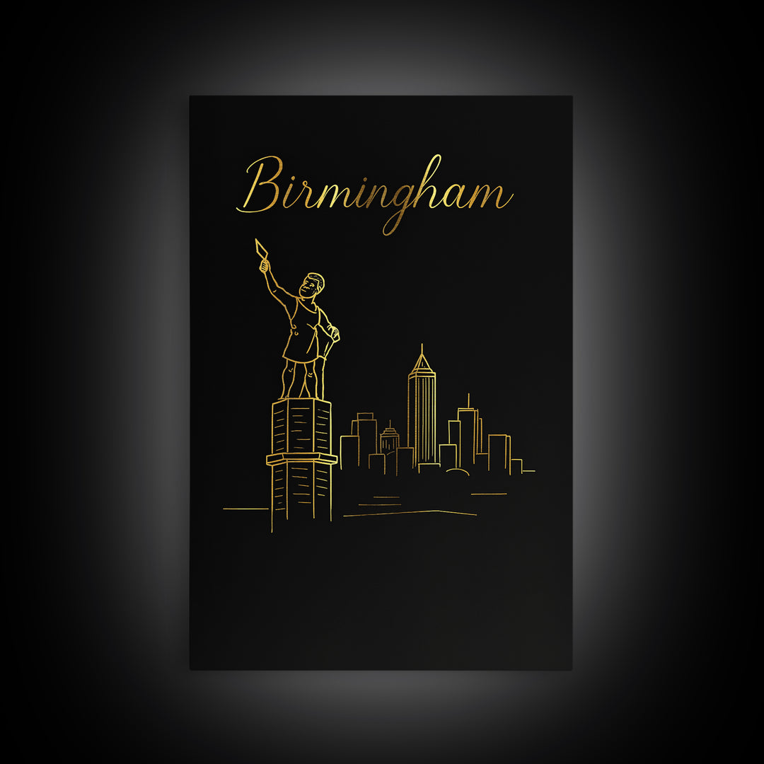 Birmingham Alabama Travel Poster, Canvas Print, Black Gold Minimalist Art, Birmingham Wall Art, Vintage Travel Art, Living Room Wall Art