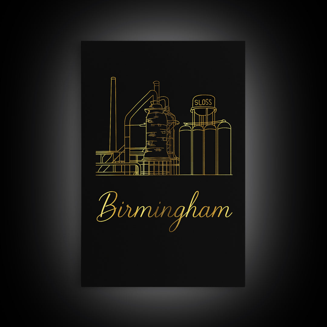 Birmingham Travel Poster, Canvas Print, Minimalist Gold Line Art, Birmingham Travel Art, Fine Art Print, Travel Art Print, City Art Print