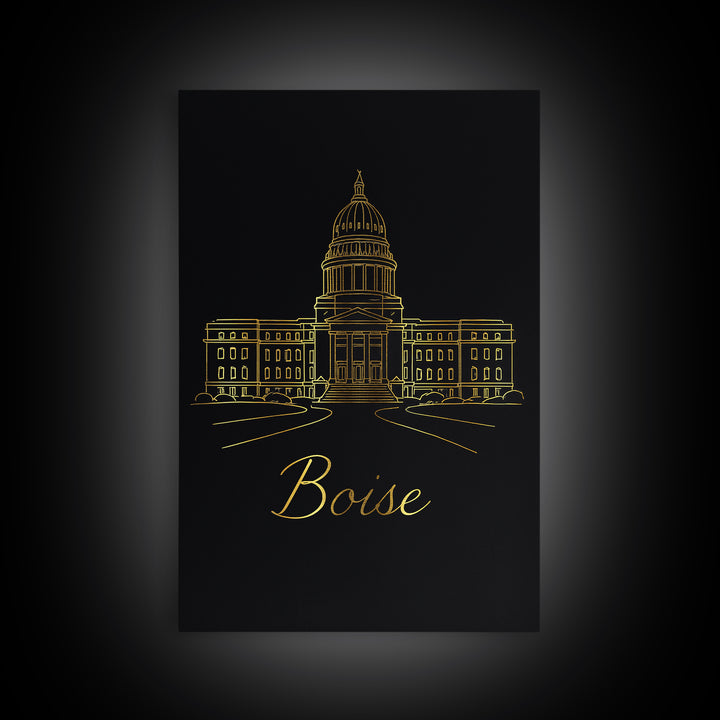 Boise Idaho Travel Poster, Canvas Print, Minimalist Gold Line Art, Boise Travel Art, Wall Art, Mid Century Wall Art, Wanderlust Decor