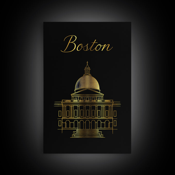 Boston Massachusetts Travel Poster, Canvas Print, Minimalist Gold Line Art, Boston City Art, Fine Art Print, Wall Art, Travel Gift