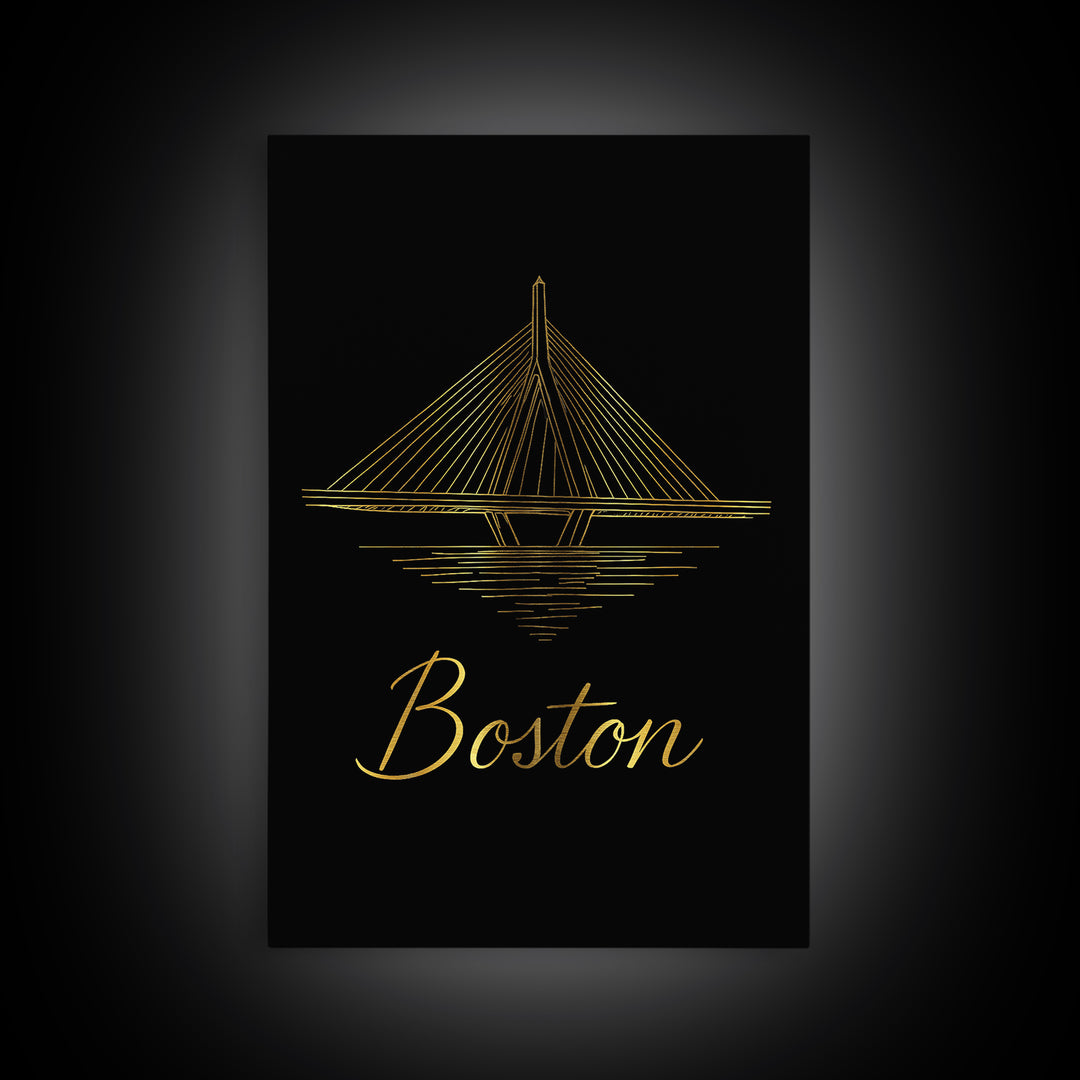 Boston Travel Poster, Framed Canvas Print, Gold Outline Poster Art, Boston Art Print, Modern Wall Decor, Mid Century Wall Art, Wall Art