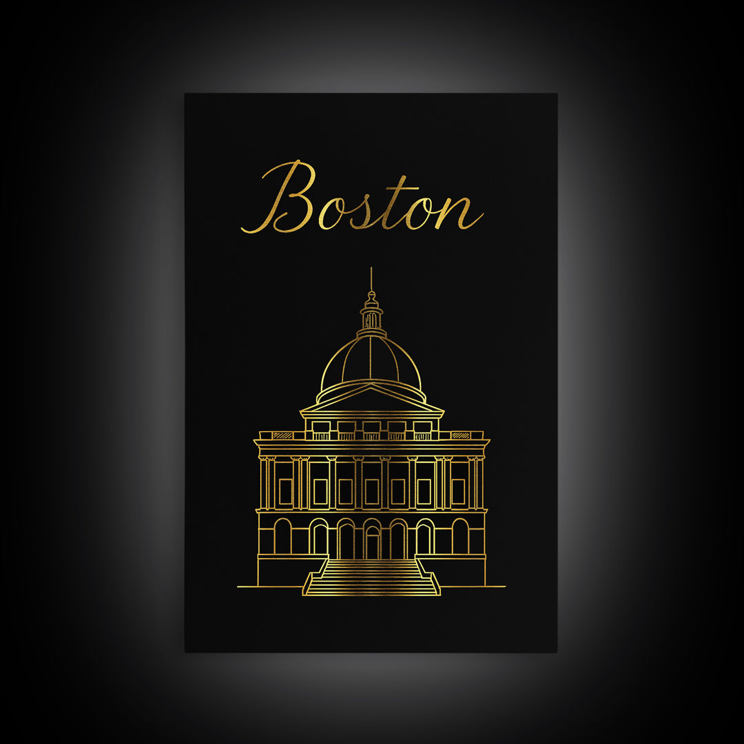 Boston Travel Poster, Canvas Print, Dark Minimalist Wall Art, Boston Art Print, City Illustration, Mid Century Wall Art, Gift For Travelers