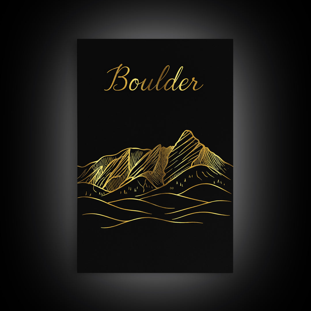 Boulder Travel Poster, Canvas Print, Gold Outline Poster Art, Boulder Art Print, Travel Wall Decor, Home Office Decor, Eclectic Wall Decor