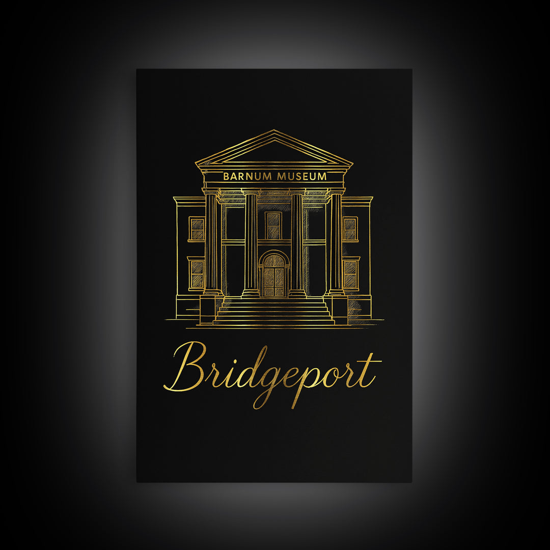 Bridgeport Travel Poster, Framed Canvas Print, Gold Outline Poster Art, Bridgeport Art Print, Mid Century Wall Art, Vintage City Art