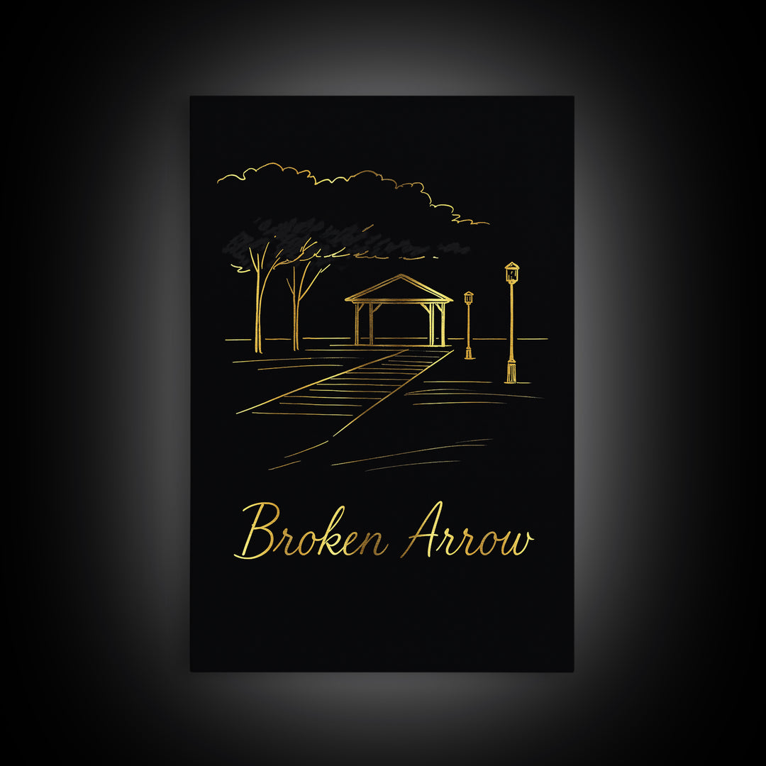 Broken Arrow Travel Poster, Canvas Print, Minimalist Gold Line Art, Broken Arrow Wall Art, Gift For Travelers, Travel Art Print