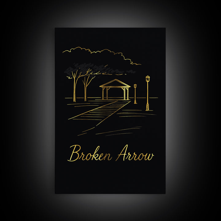 Broken Arrow Travel Poster, Canvas Print, Minimalist Gold Line Art, Broken Arrow Wall Art, Gift For Travelers, Travel Art Print