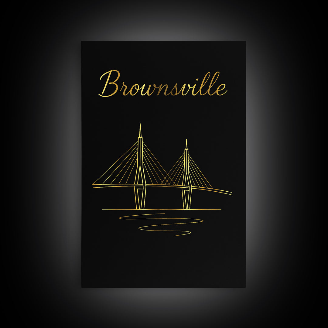 Brownsville Texas Travel Poster, Framed Canvas Print, Gold Outline Poster Art, Brownsville Poster Print, Eclectic Wall Decor, Fine Art Print