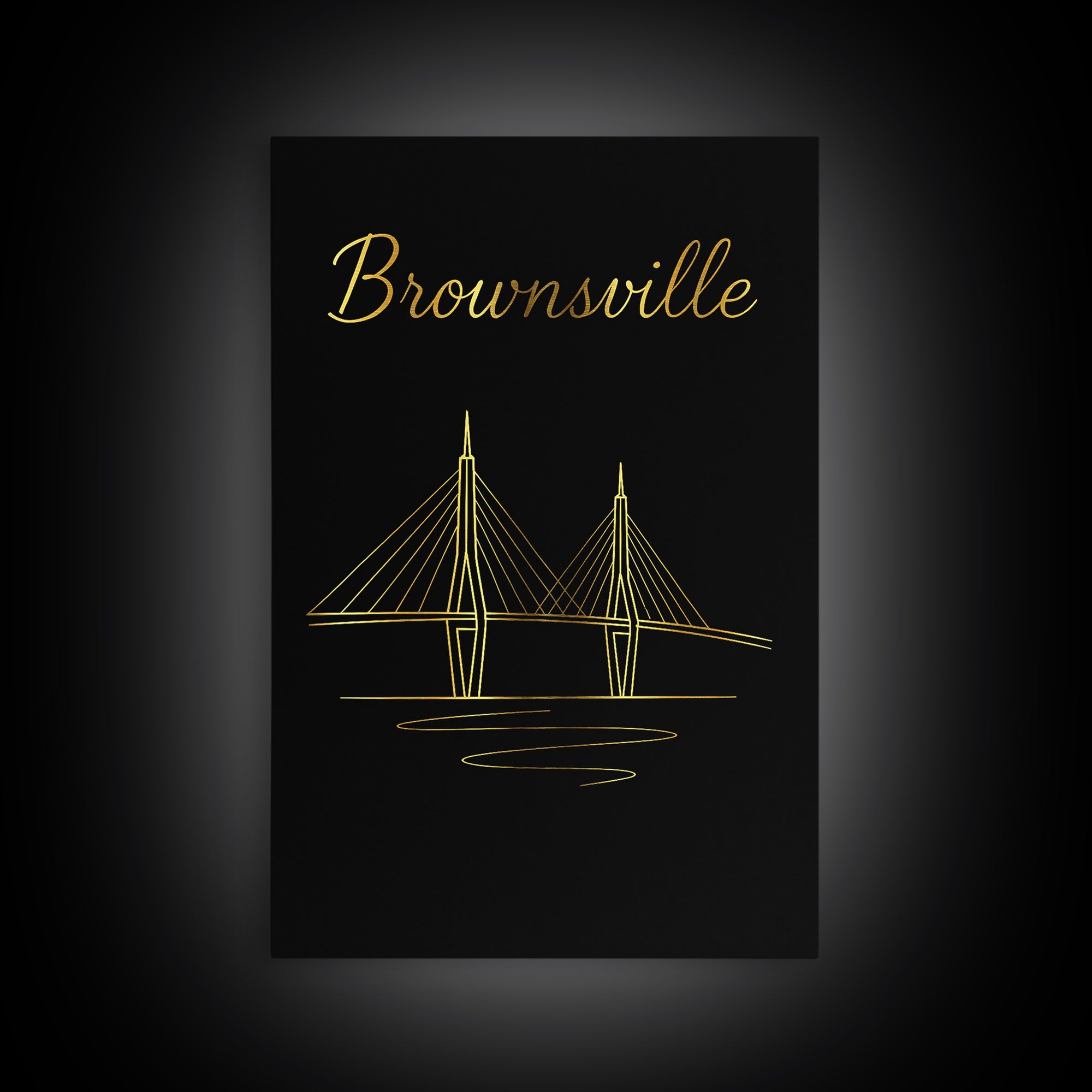 Brownsville Texas Travel Poster, Framed Canvas Print, Gold Outline Poster Art, Brownsville Poster Print, Eclectic Wall Decor, Fine Art Print