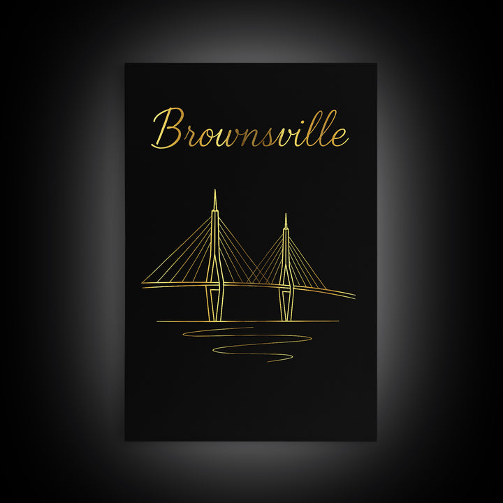 Brownsville Texas Travel Poster, Framed Canvas Print, Gold Outline Poster Art, Brownsville Poster Print, Eclectic Wall Decor, Fine Art Print