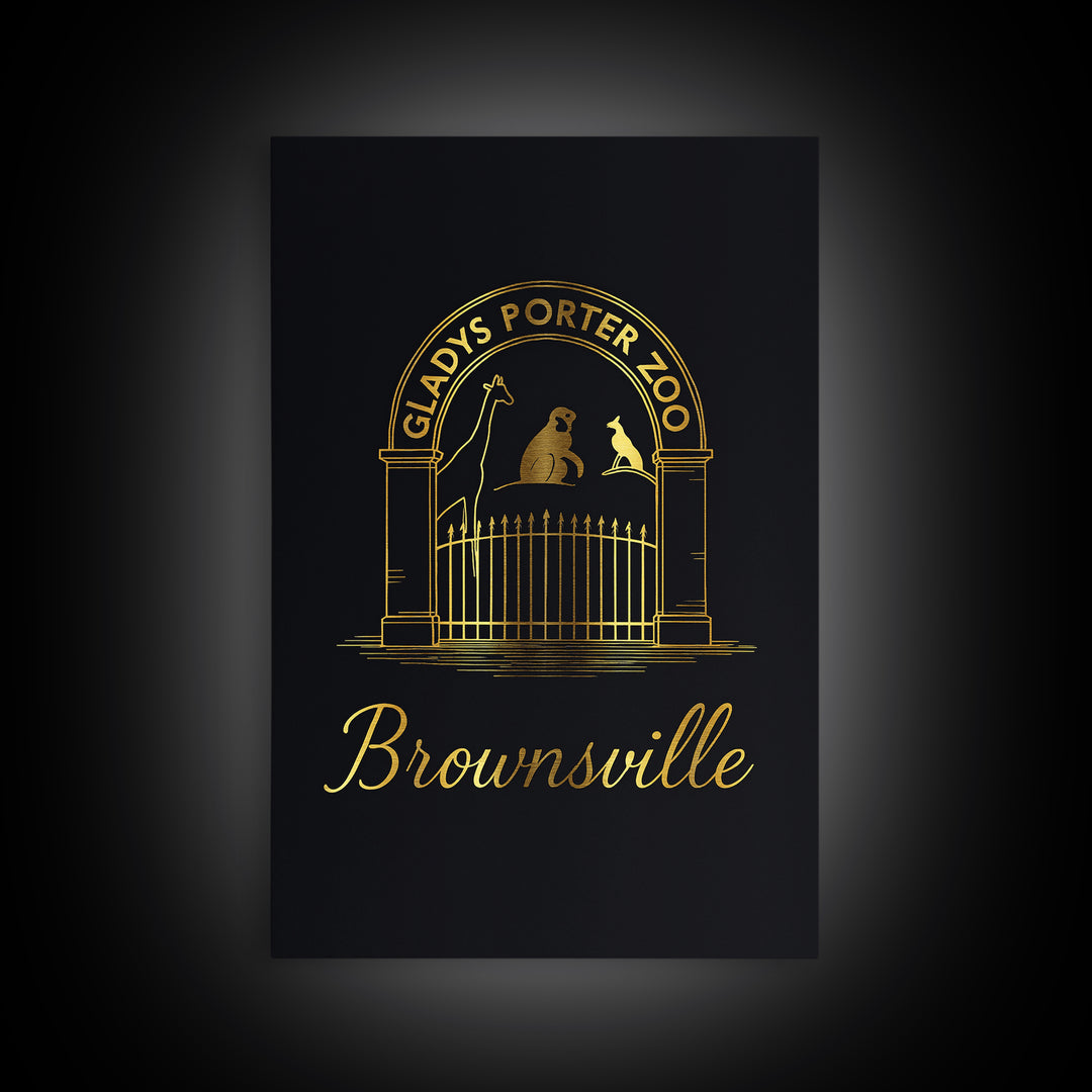 Brownsville Travel Poster, Framed Canvas Print, Minimalist Gold Line Art, Brownsville Poster Print, Watercolor Skyline, Gift For Travelers