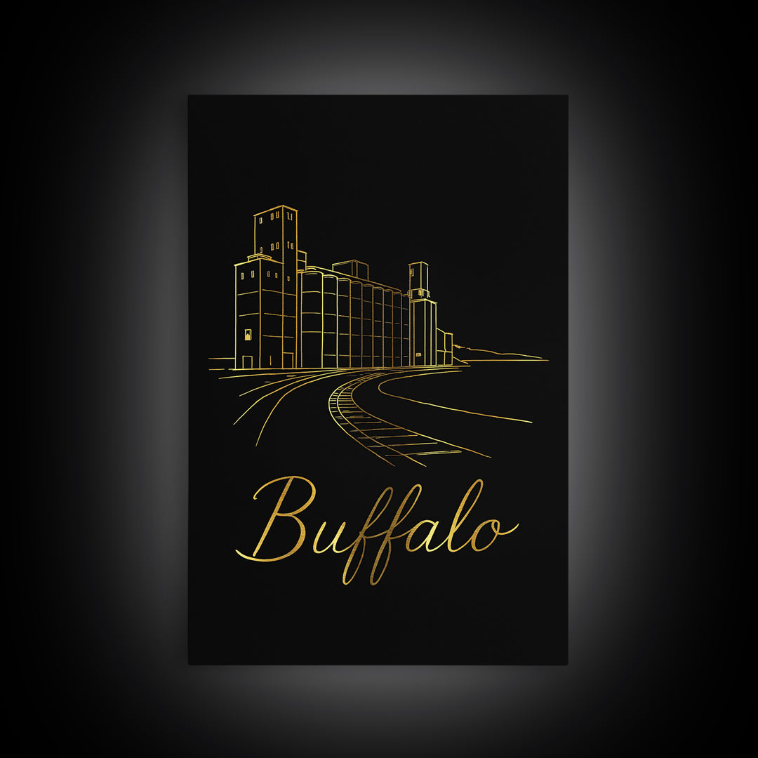 Buffalo Travel Poster, Framed Canvas Print, Gold Outline Poster Art, Buffalo City Art, Mid Century Wall Art, Travel Poster Set