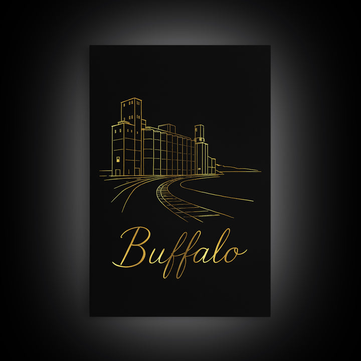 Buffalo Travel Poster, Framed Canvas Print, Gold Outline Poster Art, Buffalo City Art, Mid Century Wall Art, Travel Poster Set