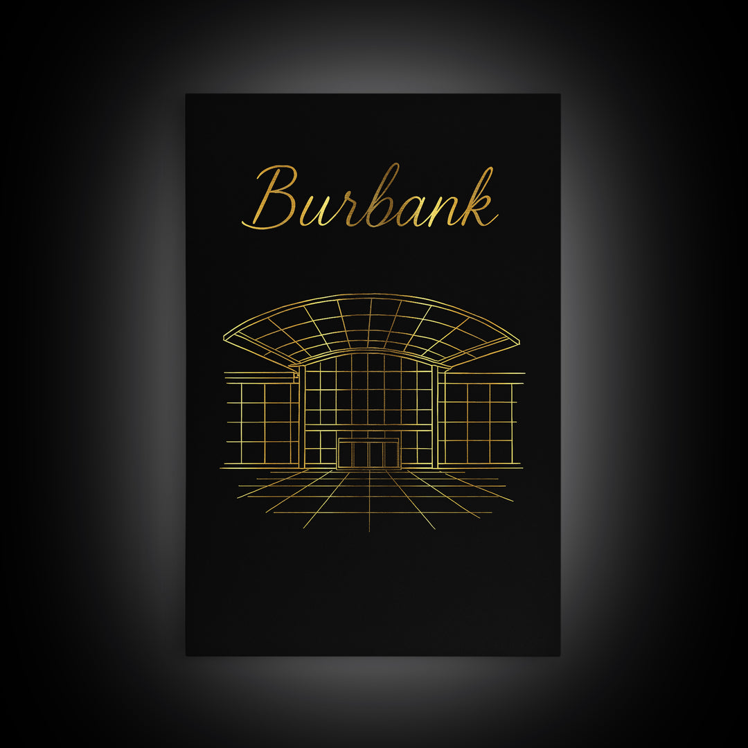 Burbank California Travel Poster, Framed Canvas Print, Gold Outline Poster Art, Burbank Poster Print, Travel Wall Art, Living Room Wall Art