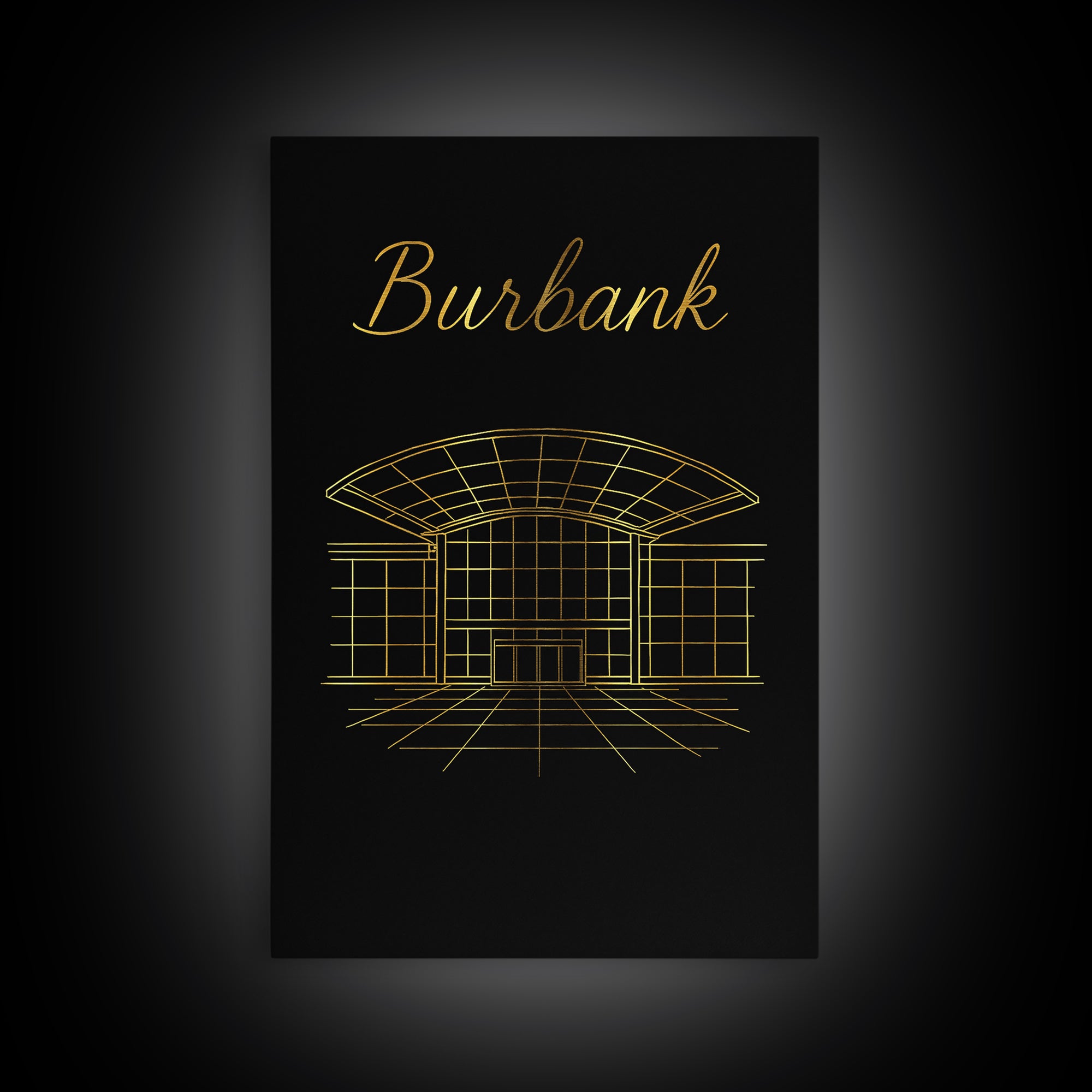 Burbank California Travel Poster, Framed Canvas Print, Gold Outline Poster Art, Burbank Poster Print, Travel Wall Art, Living Room Wall Art