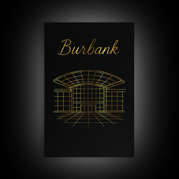 Burbank California Travel Poster, Framed Canvas Print, Gold Outline Poster Art, Burbank Poster Print, Travel Wall Art, Living Room Wall Art