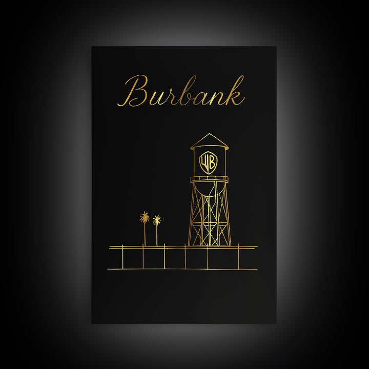 Burbank Travel Poster, Framed Canvas Print, Gold Outline Poster Art, Burbank Wall Art, Vintage City Poster, Retro Travel Print