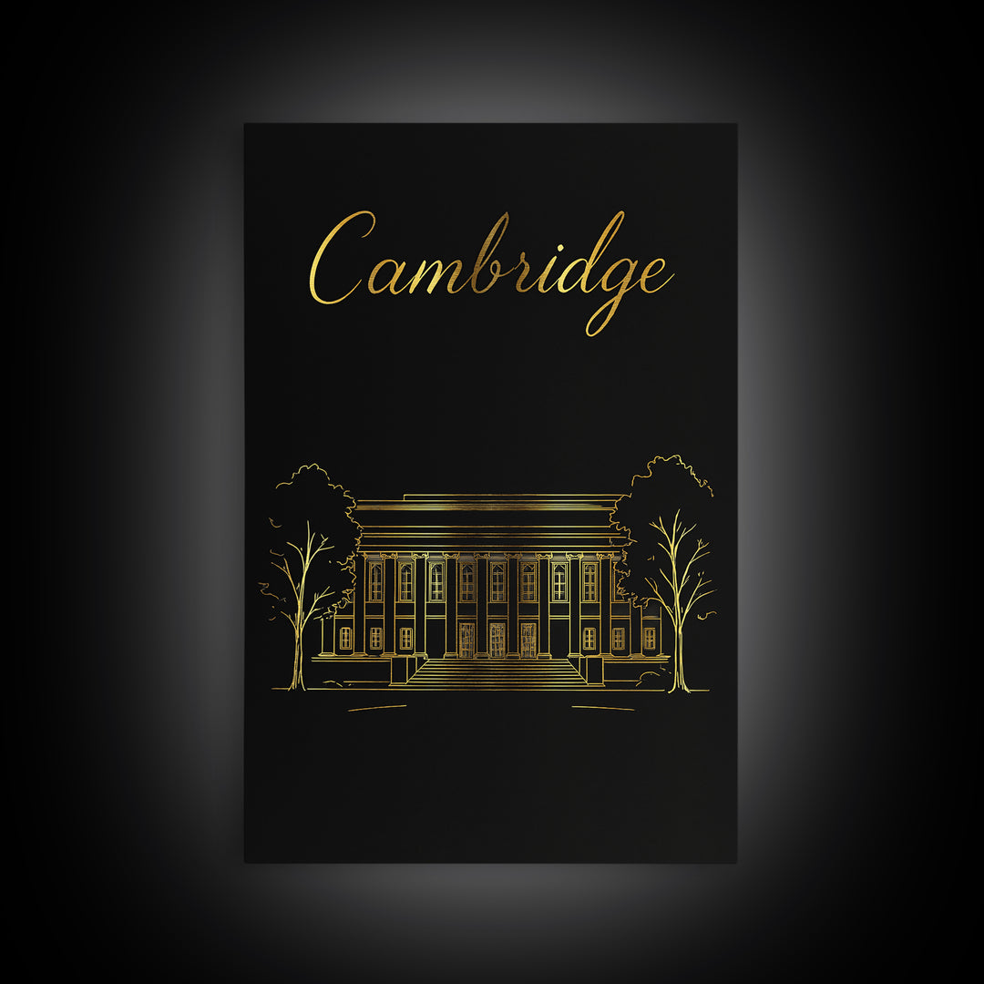 Cambridge Travel Poster, Framed Canvas Print, Black Gold Minimalist Art, Cambridge City Art, Retro Travel Print, Travel Wall Decor