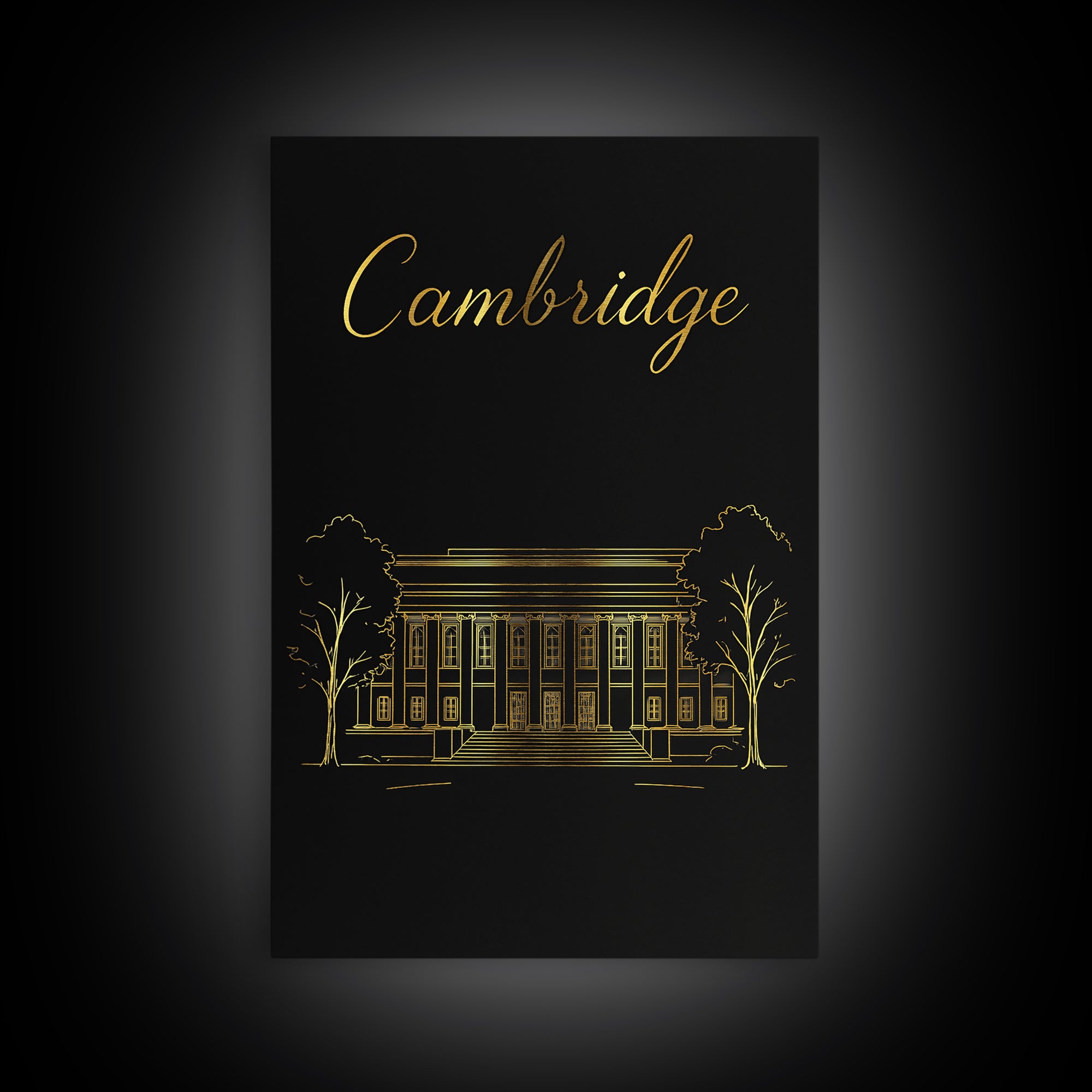 Cambridge Travel Poster, Framed Canvas Print, Black Gold Minimalist Art, Cambridge City Art, Retro Travel Print, Travel Wall Decor