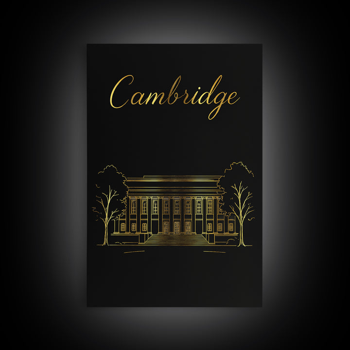 Cambridge Travel Poster, Framed Canvas Print, Black Gold Minimalist Art, Cambridge City Art, Retro Travel Print, Travel Wall Decor