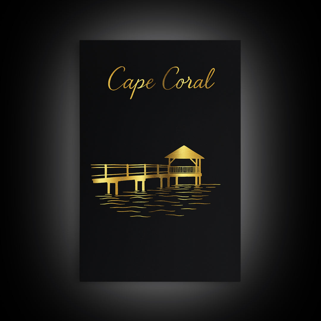 Cape Coral Florida Travel Poster, Canvas Print, Black Gold Minimalist Art, Cape Coral Poster Print, Mid Century Wall Art, Travel Wall Decor