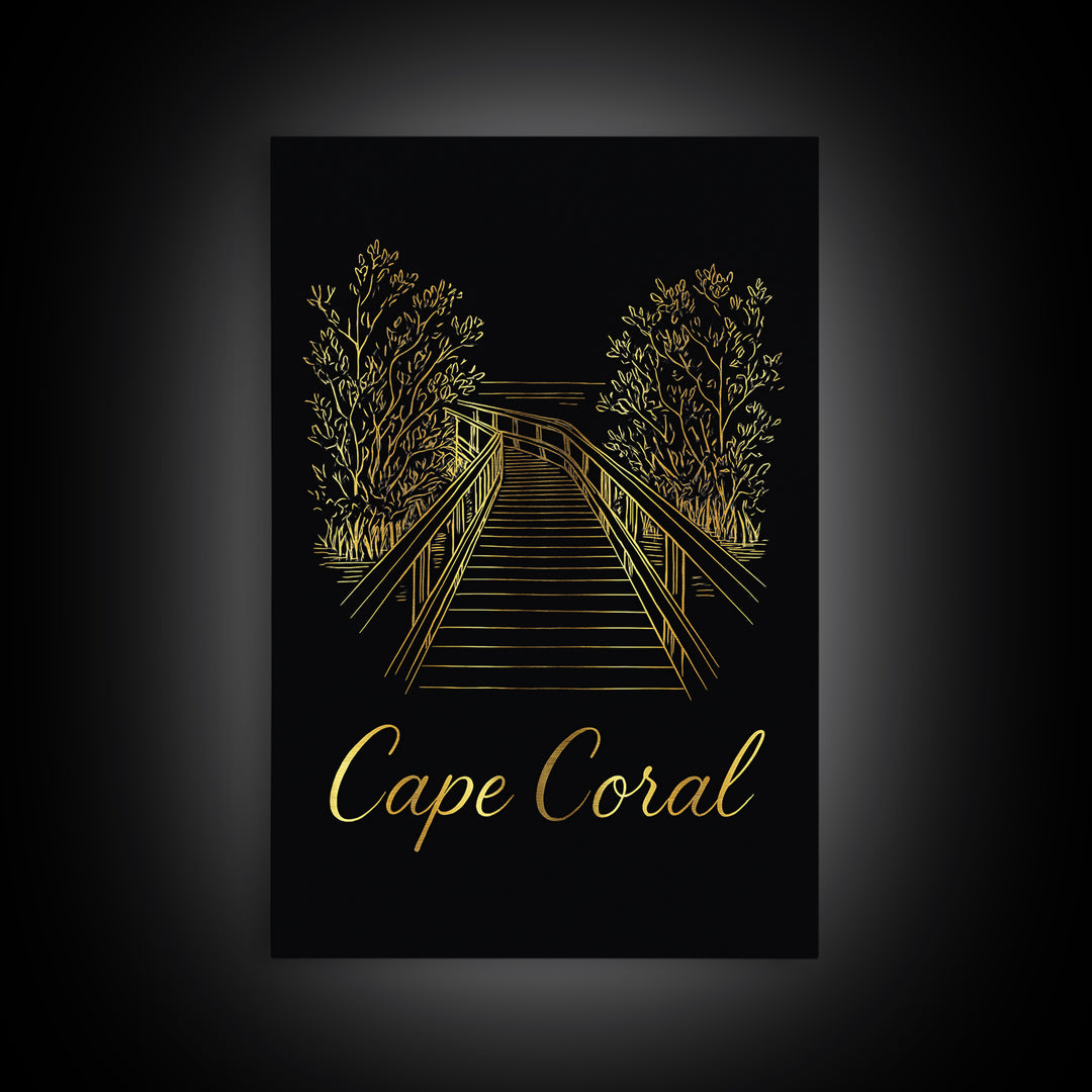 Cape Coral Travel Poster, Framed Canvas Print, Gold Outline Poster Art, Cape Coral Travel Art, Travel Wall Decor, Modern Wall Decor