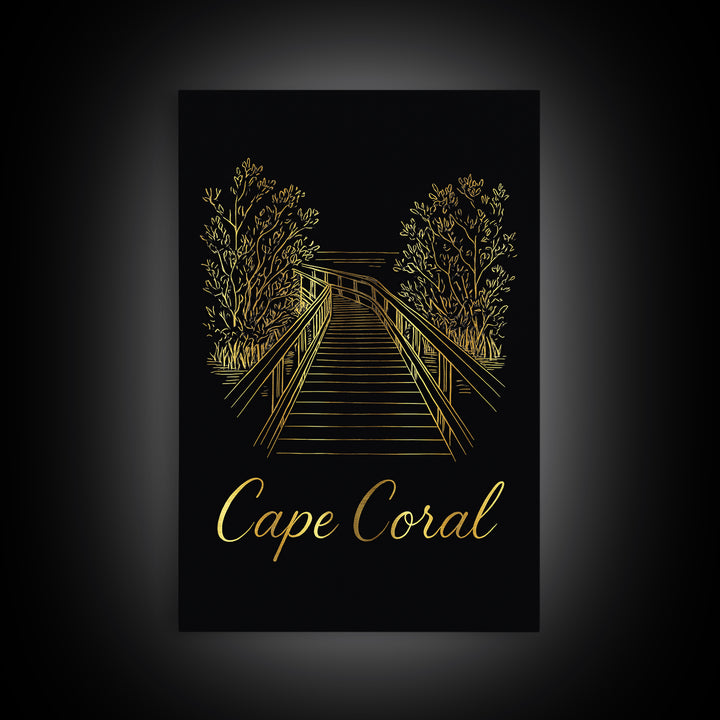 Cape Coral Travel Poster, Framed Canvas Print, Gold Outline Poster Art, Cape Coral Travel Art, Travel Wall Decor, Modern Wall Decor