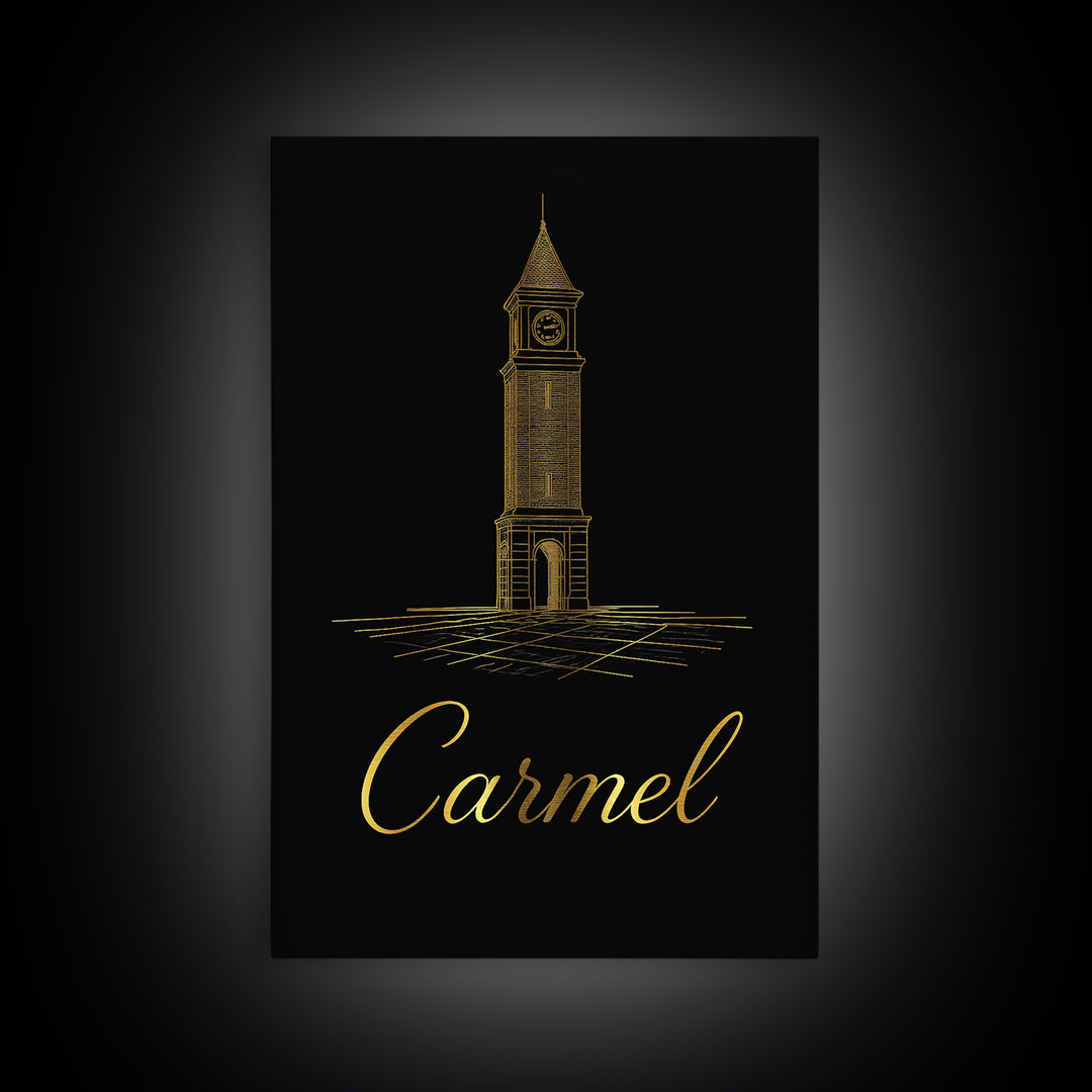 Carmel Travel Poster, Framed Canvas Print, Gold Outline Poster Art, Carmel Poster Print, Modern Wall Decor, Eclectic Wall Decor