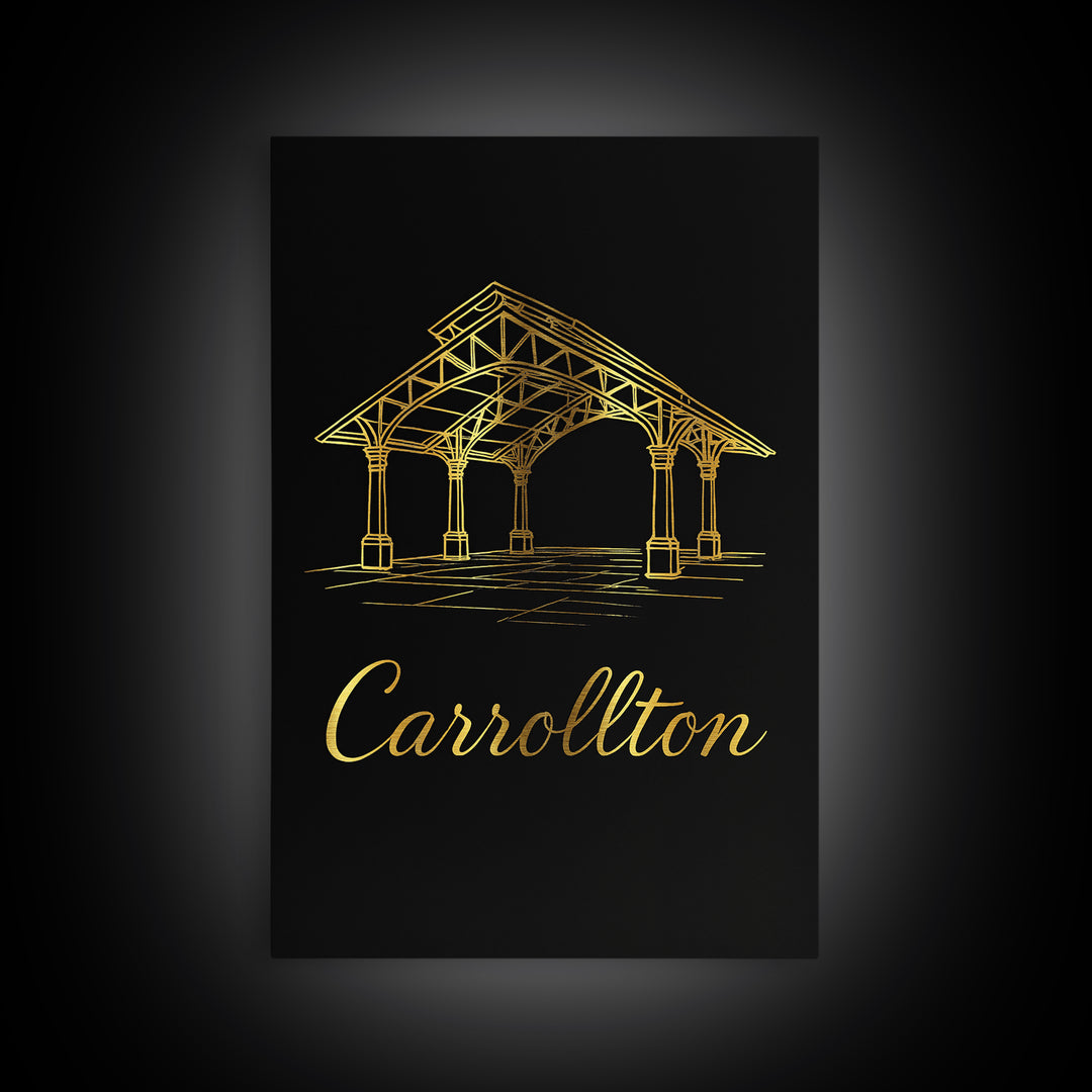 Carrollton Texas Travel Poster, Framed Canvas Print, Dark Minimalist Wall Art, Carrollton City Art, Vintage City Art, Living Room Wall Art