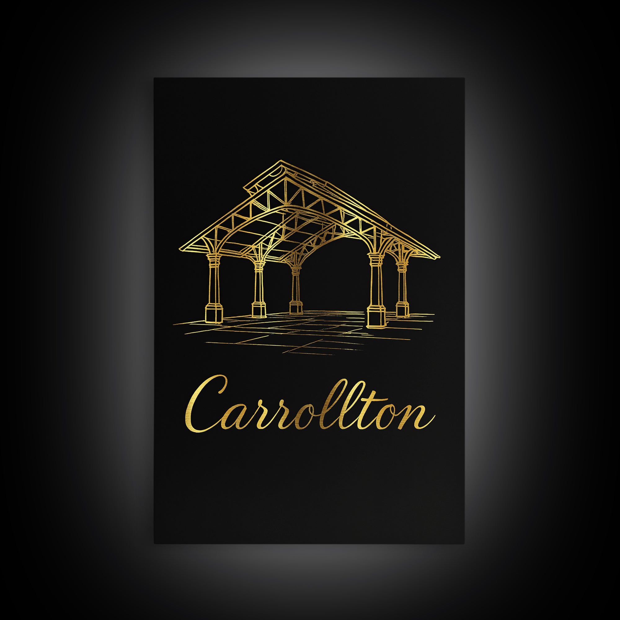 Carrollton Texas Travel Poster, Framed Canvas Print, Dark Minimalist Wall Art, Carrollton City Art, Vintage City Art, Living Room Wall Art