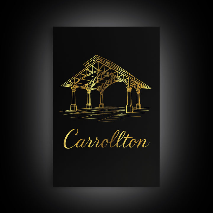 Carrollton Texas Travel Poster, Framed Canvas Print, Dark Minimalist Wall Art, Carrollton City Art, Vintage City Art, Living Room Wall Art