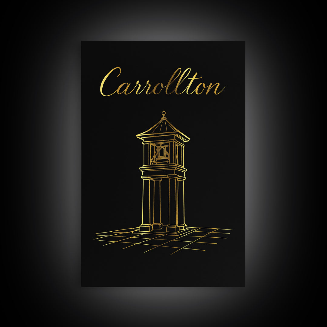 Carrollton Travel Poster, Framed Canvas Print, Gold Outline Poster Art, Carrollton City Art, Vintage Travel Print, City Art Print