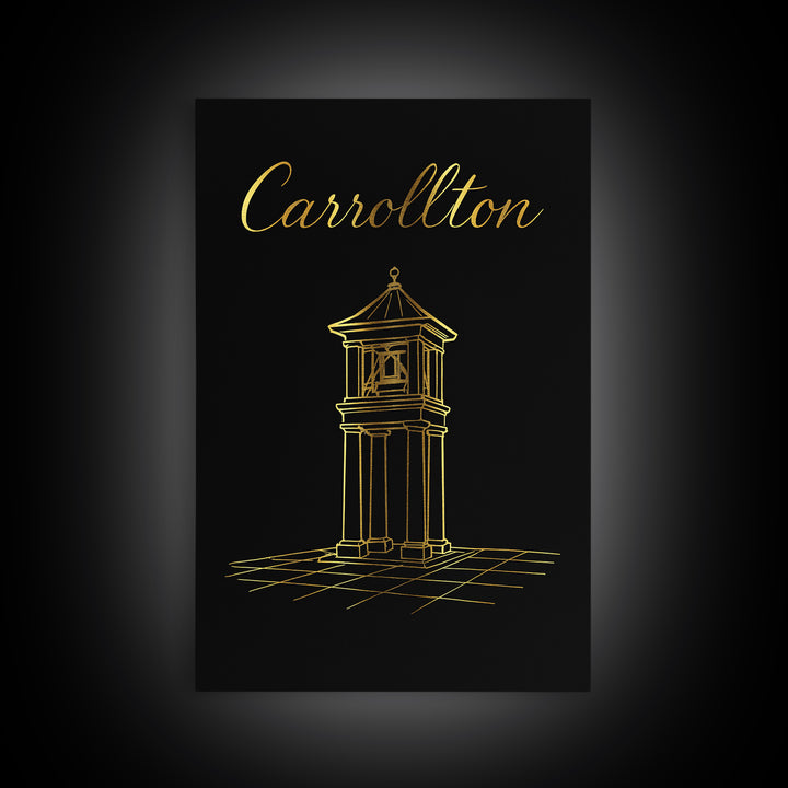 Carrollton Travel Poster, Framed Canvas Print, Gold Outline Poster Art, Carrollton City Art, Vintage Travel Print, City Art Print
