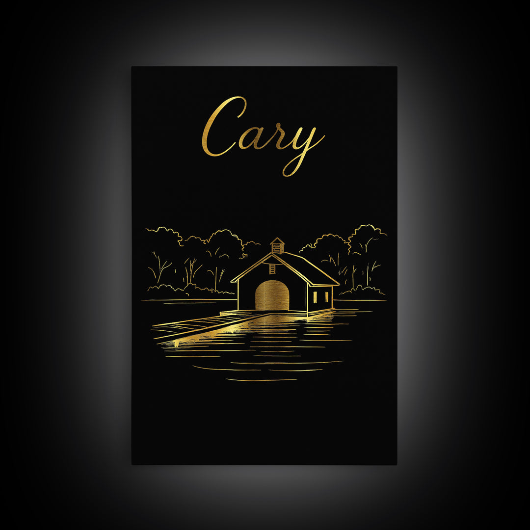 Cary North Carolina Travel Poster, Canvas Print, Gold Outline Poster Art, Cary Wall Art, Vintage City Poster, Skyline Art, Vintage City Art