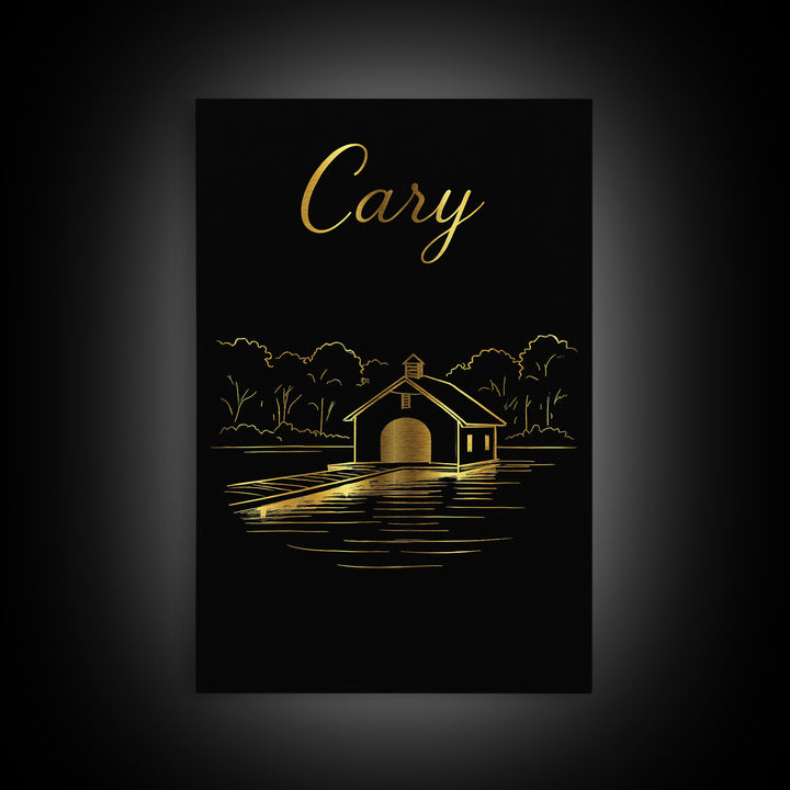 Cary North Carolina Travel Poster, Canvas Print, Gold Outline Poster Art, Cary Wall Art, Vintage City Poster, Skyline Art, Vintage City Art